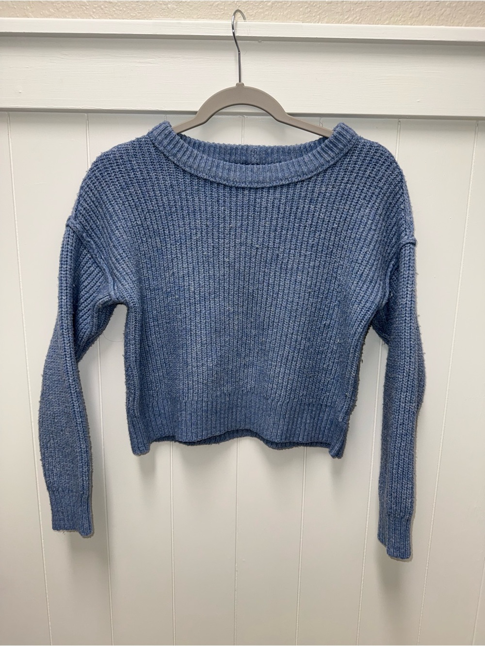 American Eagle Blue Chunky Knit Cropped Sweater XS Crewneck Cozy Pullover